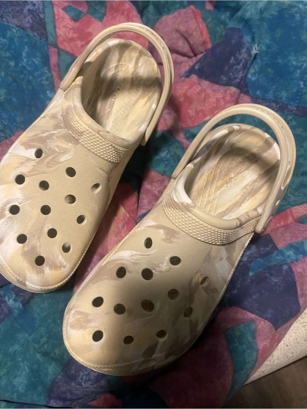 CROCS Platform Clogs in Cream and White Tie-Dye